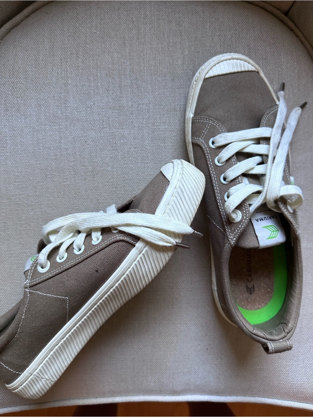 Cariuma Taupe Canvas Sneakers with White Trim and Green Insole Accent